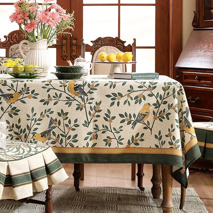 patdrea Designer Green Linen Rectangular Tablecloth,Vintage Breathable Floral Extra Long Table Cloth,Decor Table Cover for Kitchen Dining,Parties,Party,Christmas,Thanksgiving,63"x110"-Warbler
