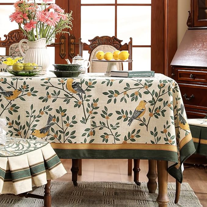 patdrea Designer French Table Cloth for Rectangle Table,Vintage Green Linen Birds and Leaves Pattern Tablecloths,Dacorative Cover Kitchen Dining,Christmas,Thanksgiving,Party,67"x118"-Warbler