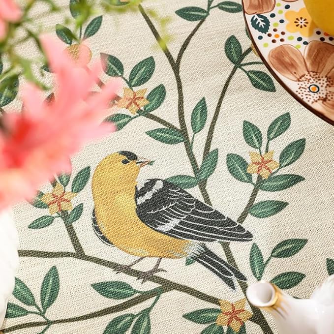 patdrea Designer French Table Cloth for Rectangle Table,Vintage Green Linen Birds and Leaves Pattern Tablecloths,Dacorative Cover Kitchen Dining,Christmas,Thanksgiving,Party,63"x102"-Warbler