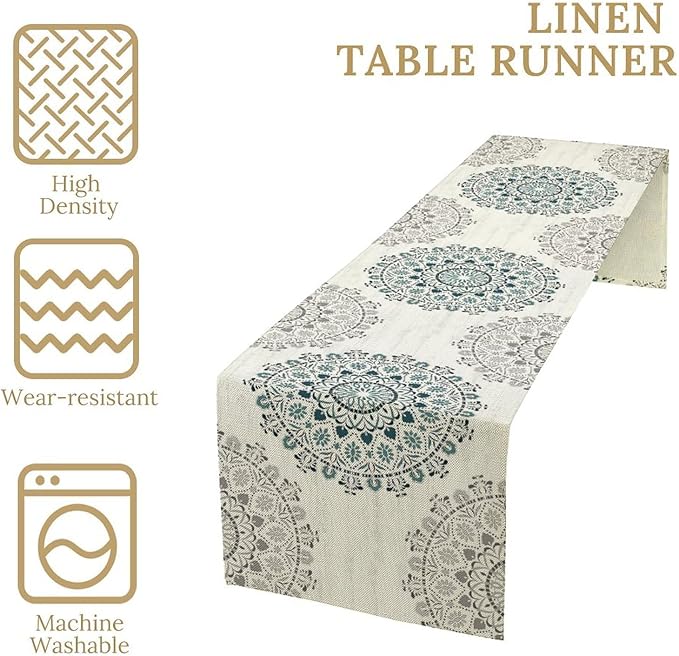 Boho Flower Table Runner, Bohemian Turquoise Mandala White Teal Floral Kitchen Dining Table Runners for Indoor Outdoor Home Party Holiday Decor, 13x60inch