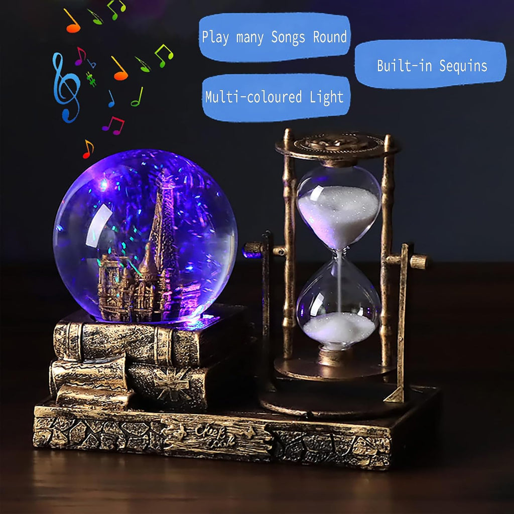 Snow Globe with Hourglass Timer Music LED Light Vintage Resin Paris Eiffel Tower Home Decoration for Living Room Bedroom Book Shelf Office Desk Table Top Decor Fireplace Table Ornaments (A - Brass)