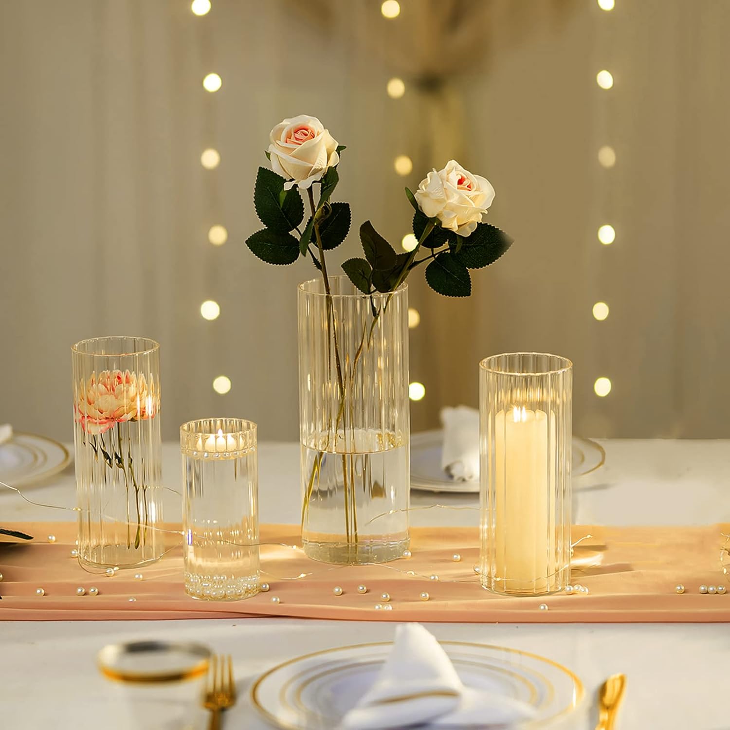 Hewory Glass Cylinder Ribbed Vases Set of 6, Tall Clear Vase for Centerpieces, Hurricane Candle Holders for Pillar or Floating Candles, Round Vases for Wedding Anniversary Events Home Table Decor