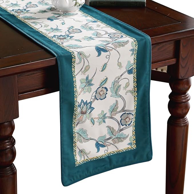 patdrea Designer Elegant French Floral Velvet Table Runner, Teal with Blossoms Pattern Table Mat, Decoration for Kitchen Dining Coffee Table Shelf Cabinet Banquet Thanksgiving,12"*102"
