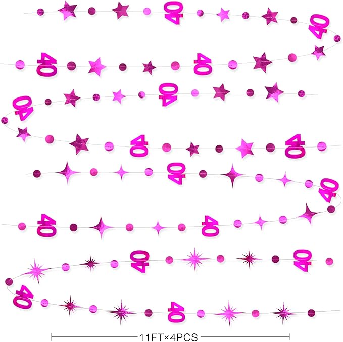 Hot Pink 40th Birthday Decorations Number 40 Circle Dot Twinkle Star Garland Metallic Hanging Streamer Bunting Banner Backdrop for Women Cheers to 40 Years Old Bday Forty Anniversary Party Supplies