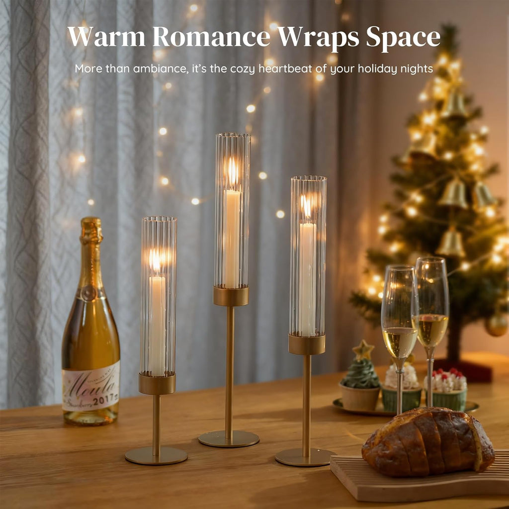 Gold Hurricane Taper Candle Holders: Glasseam 3Pcs Brass Candlestick Holders with Ribbed Glass Cylinder Cover Fluted Tall Candle Sticks Holder Decor for Table Centerpiece Wedding Christmas Decorations