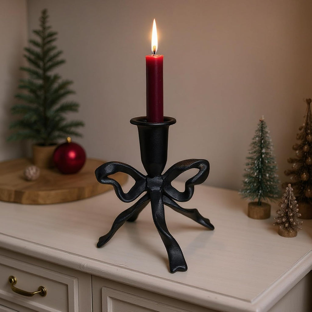 Bow Candle Holder, Bow Metal Taper Candle Holder 5" H x 4.81 W, Gold, Black, Decorative Candle Holders for Centerpiece, Table, Wedding (Black)