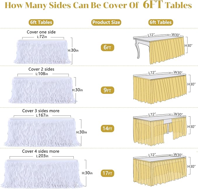 Partisky White Tulle Curly Willow Table Skirt for Rectangle Table 9ft, Ruffle Tutu Table Cloth for Wedding,Bridal Shower, Baby Shower,Birthday Party