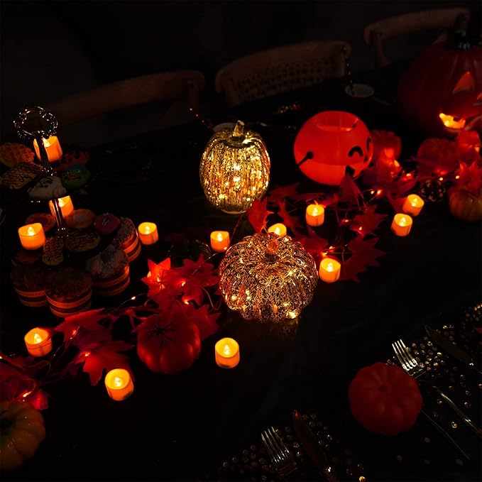 Homemory Halloween 12 Pack Orange Tea Light Candles, Battery Operated LED Tealights, Small Pumpkins Lights, Flameless, Electric Fake Tea Candles, 1.4"x1.25"