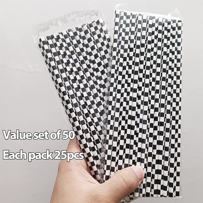 50 Pcs Checkered Flag Paper Straws Racing Car Straws Black and White Checkered Drinking Straws for Racing Birthday Party Decorations, Standard, Black/White