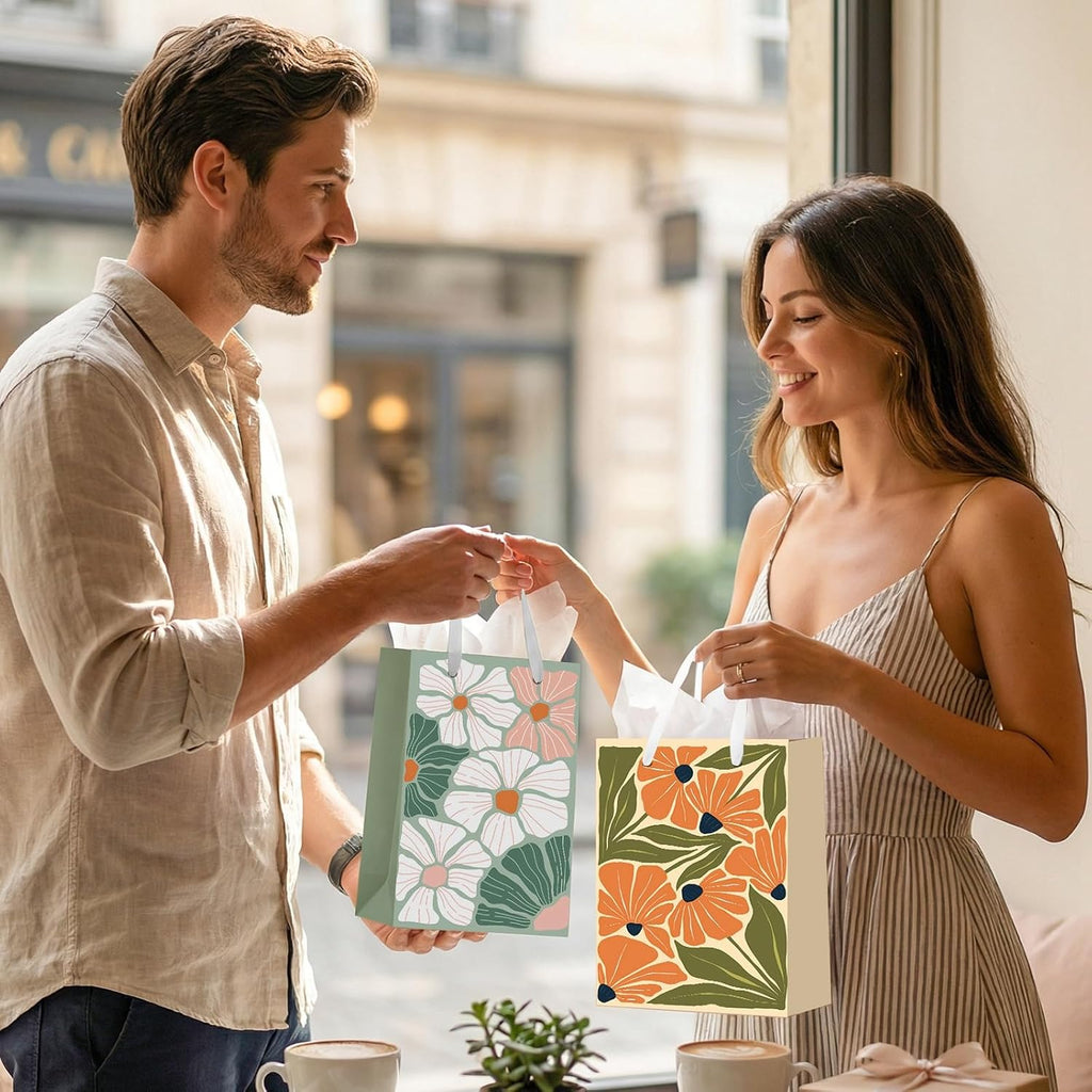 woric 10.6" Matisse Flowers Gift Bags, 4 Medium Floral Gift Bags for Women | 4 Floral Styles, Tissue Paper & Cards, Used for Wedding Bridal Showers, Baby Shower, Women Birthday, 10.6" X 7.8" X 4.7"