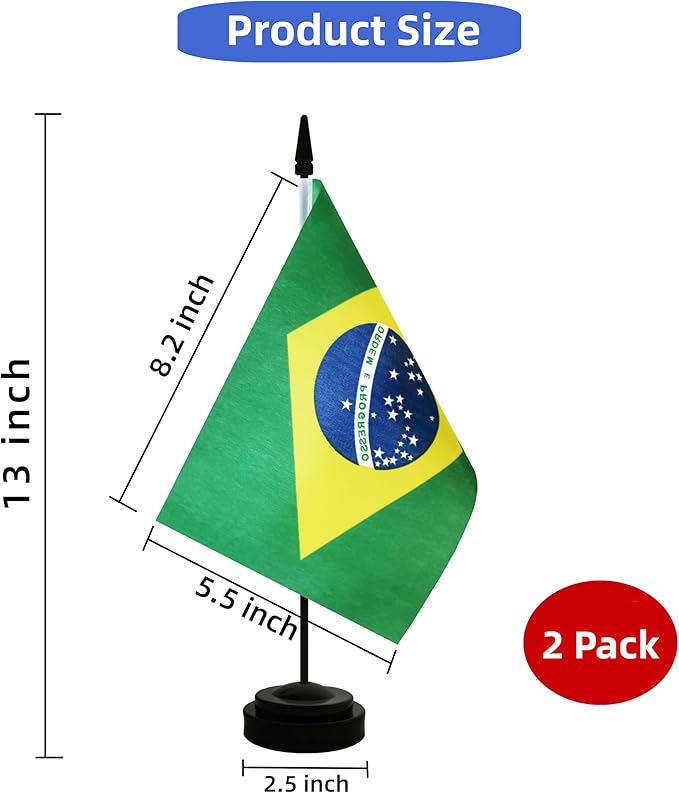 2 Pack Brazil Desk Flag, Brazilian Table Office Flag with Solid Pole and Stand Base, International Country Flag, Festival Celebration, Classroom Meeting Desktop Decoration (Brazil)