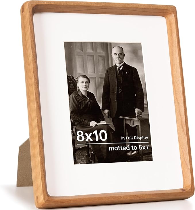 8x10 Picture Frame USA-Sourced Natural Cherry Wood Solid Original Wood Photo Frame Rounded Corner with Mat to 6x8 Picture Display with Real Glass Family Picture, Wedding Picture, Photo, Certificate