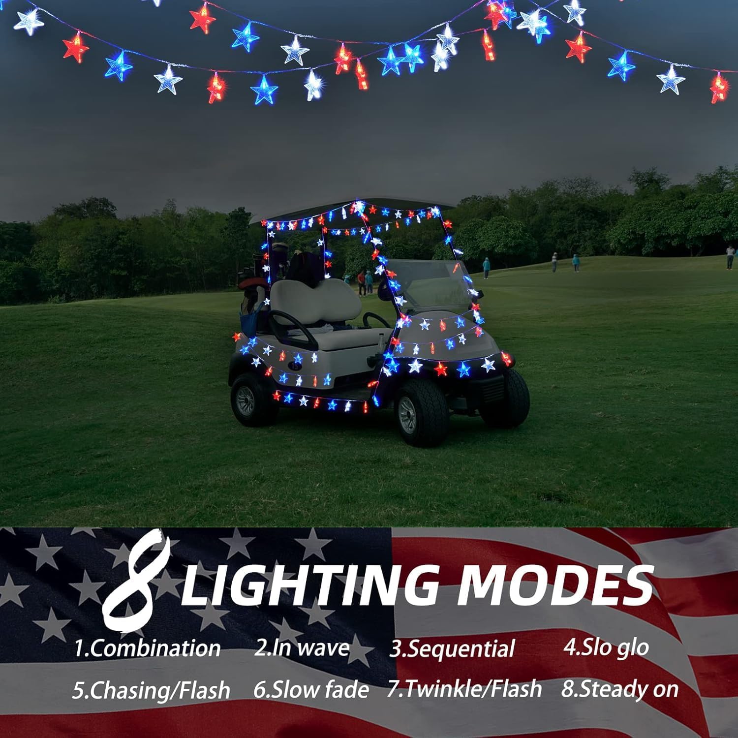 Dirnun 4th of July Decorations Red White and Blue Lights with 40 Led Big Stars, 4th of July Lights for Indoor Outdoor Home Garden Golf Cart Patriotic Theme Memorial Independence Day Decorations
