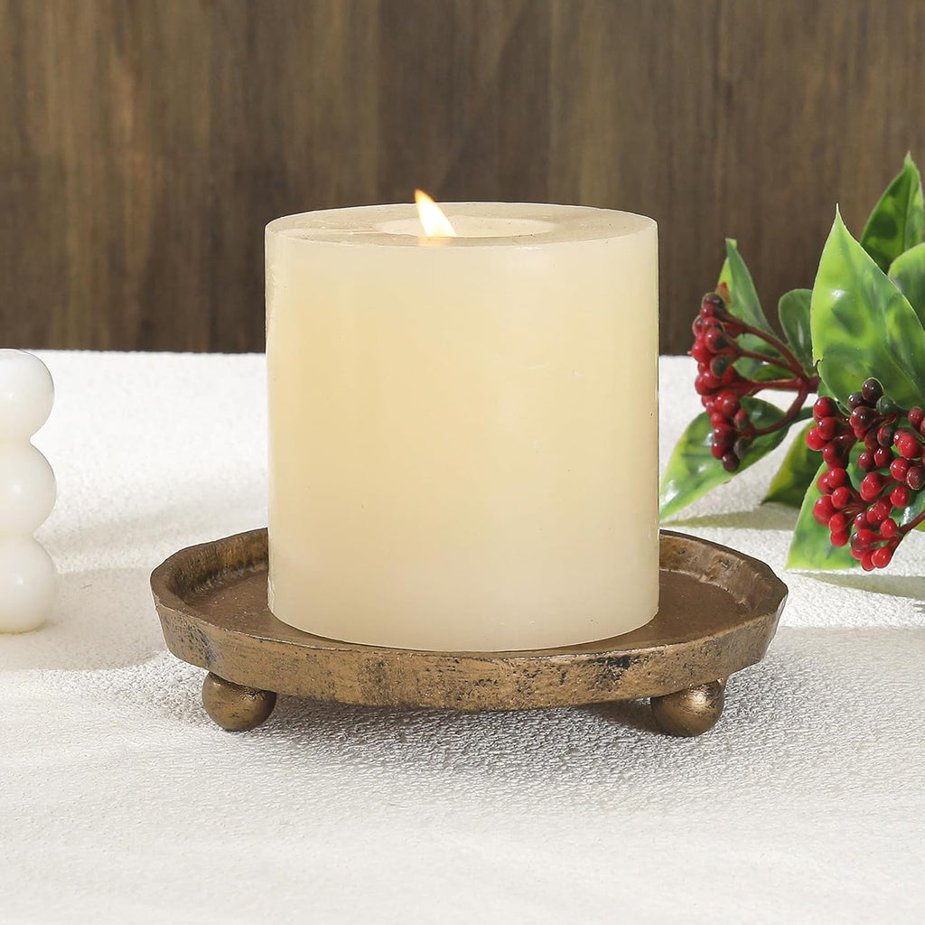 Vintage Cast Iron Pillar Candle Holder Plate, Rustic Brass Candle Tray – Round Candle Base Stand for Small Pillar Candles, Table Centerpiece & Home Decor Accent