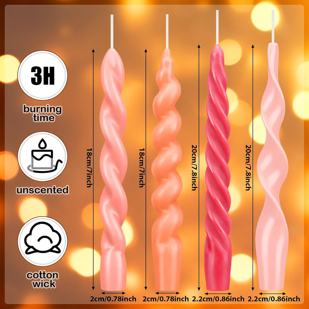 Nuanchu 4 Pcs Twisted Taper Candles Wax Unscented Smokeless Spiral Swirl Candlesticks for Wedding Holiday Dinner Party Home Decorations(7.87 Inch,Pure,Pink)