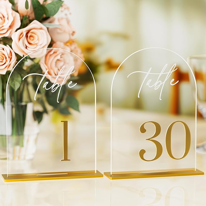 Arch Wedding Table Numbers 1-30 with Stands, Elegant Gold Number 5.5 x 7” Arch Acrylic Signs with Holder, Clear Acrylic Table Numbers for Wedding Reception, Anniversary, Party, Events