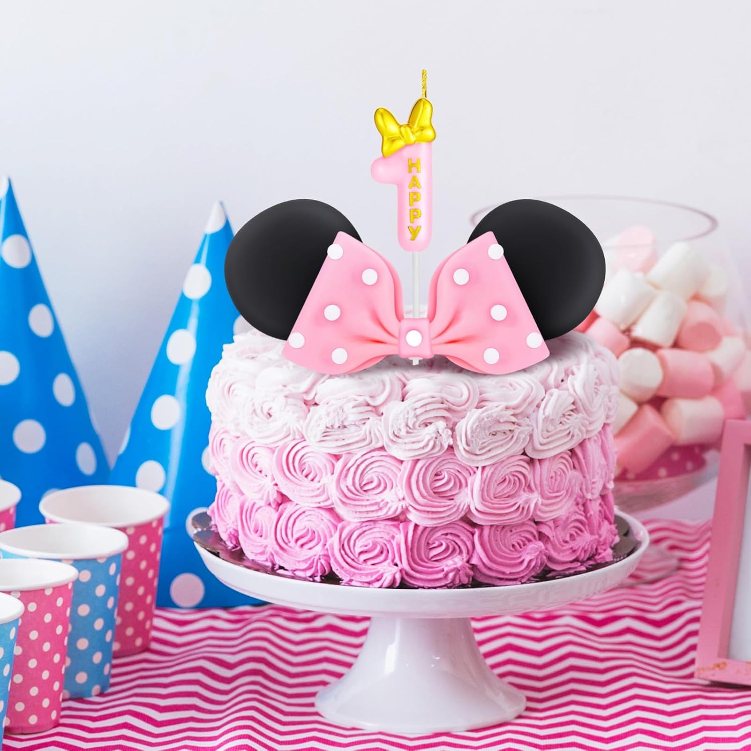 Mouse Cake Candles Topper Pink Bow and Ears Decorations with 20 PCS White Dot Long Candles for Baby Birthday Cake Topper Decor (Number 1)