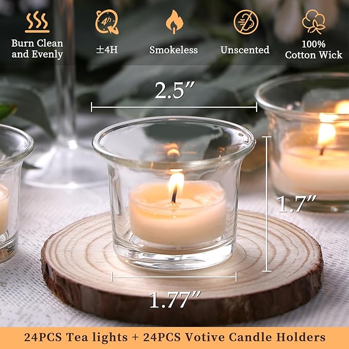 LETINE 24pcs Clear Tealight Candle Holder & 24pcs White, Smokeless, Unscented Soy Wax Tea Candles - Votive Candle Holders, Tea Lights Candles for for Fall Decorations,Weddings Decor