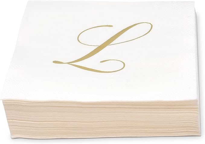 Gift Boutique 100 Gold Monogram Cocktail Napkins Letter L Disposable Paper Pack Elegant Metallic Golden Foil Hand Napkin for Powder Room Wedding Holiday Birthday Party Baby Shower Decorative Towels