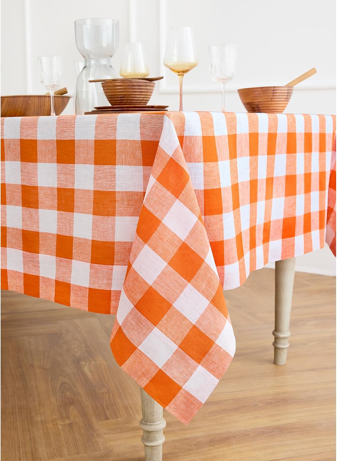 Solino Home 100% Linen Tablecloth, 60 x 108 in, Pumpkin and White Check