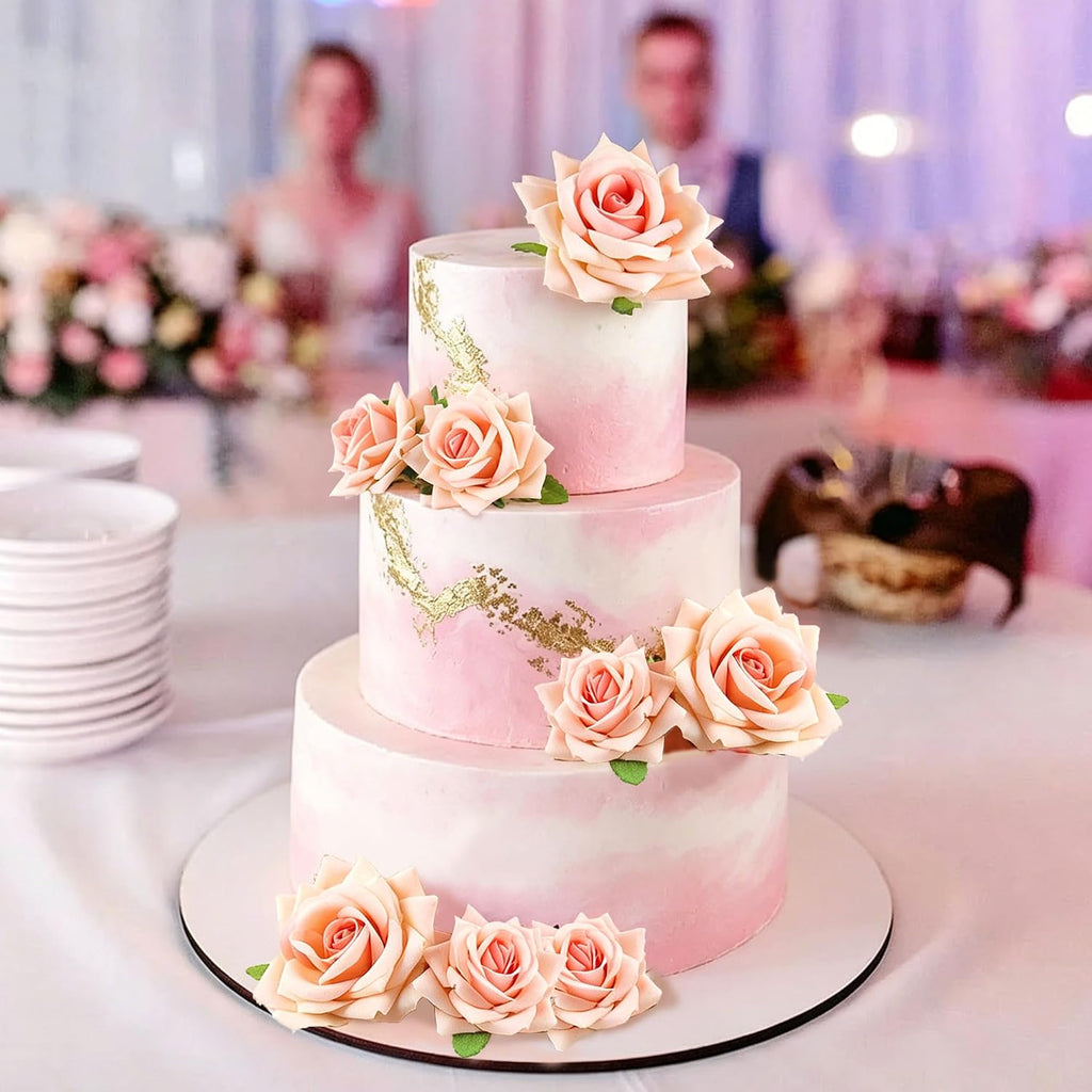 5Pcs Champagne Flower Cake Topper Artificial 3D Flowers Cake Decoration | Artificial Champagne Rose Flower, Different Sizes 3D Flowers Table Decorations,Bridal Shower, Wedding Anniversary Cake Decors