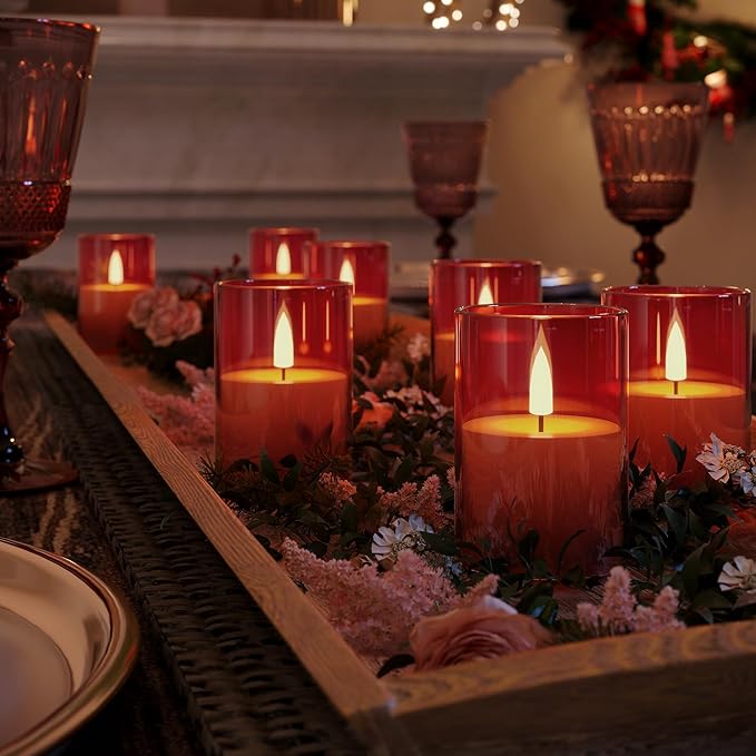 12Pack Flickering Flameless LED Candles with Timer, Battery Powered - Small Pillar & Votive, Red (2"X3")