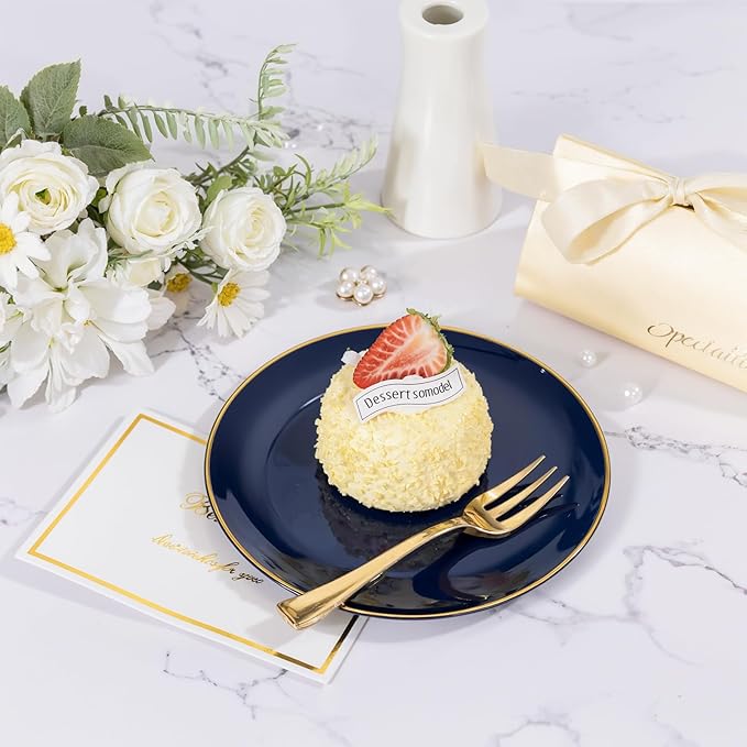 Festiva 200Pcs Navy Blue Gold Dessert Plates 6.3" with Plastic Forks 5"- Small Disposable Plates- Dessert/Cake/Appetizer Plastic Plates include 100Plates 100Forks for Christmas Party & Hanukkah