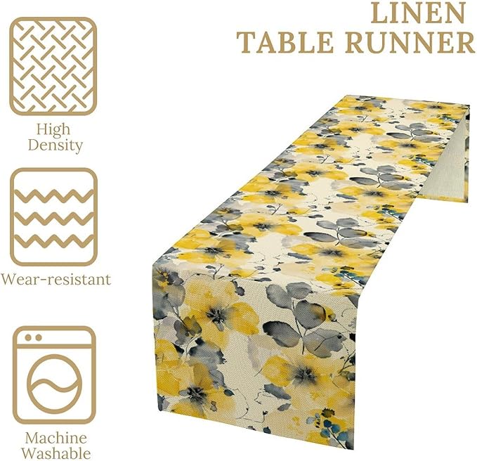 Floral Table Runner,Yellow Flowers Spring Print Table Cloth Kitchen Dining Table Home Party Decoration 13x90 Inch