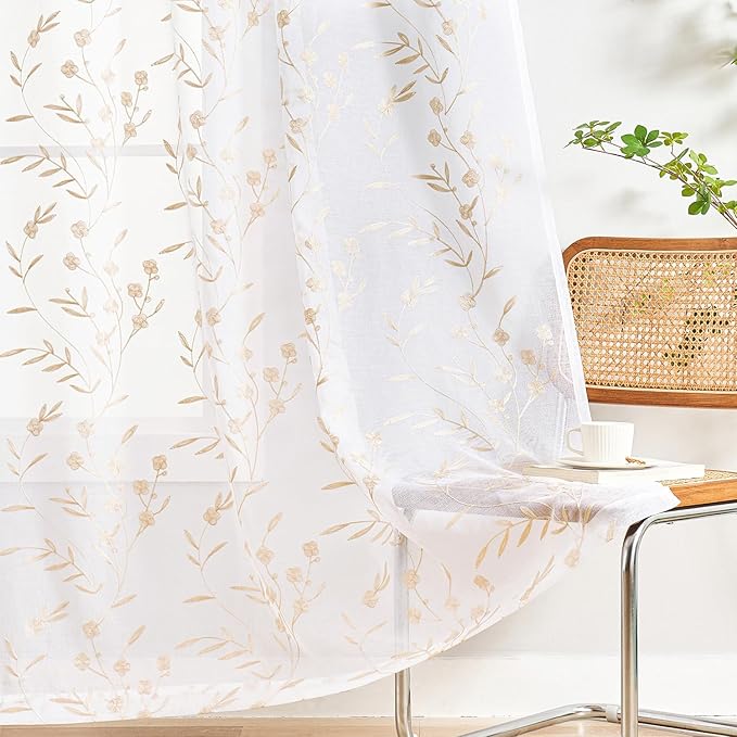 Sheer Curtains 45 Inches White-Beige Floral Embroidery Rod Pocket Voile Drapes for Living room, Bedroom, Window Treatments Lace Outdoor Curtain Panels for Yard, Kitchen, Villa, Set of 2, 52"x 45".