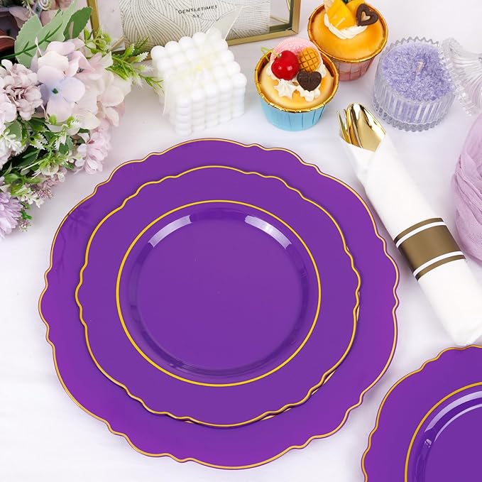 Liacere 350PCS Purple Plastic Plates-Disposable Purple and Gold Plates 50 guest Baroque Plastic Dinnerware include 100Plates,50Pack Pre Rolled Napkins with Silverware 50Cups for Halloween