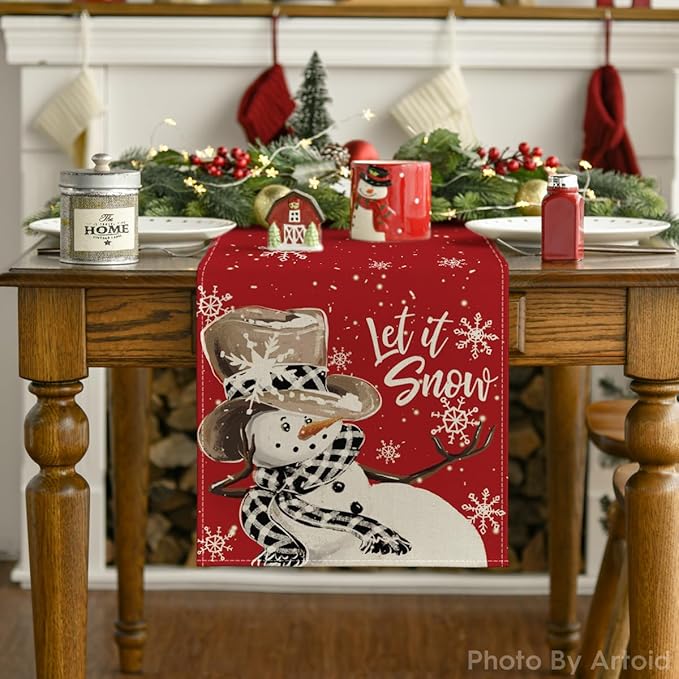 Artoid Mode Red Snowman Snowflake Let it Snow Winter Table Runner, Seasonal Christmas Kitchen Dining Table Decoration for Home Party Decor 13x48 Inch