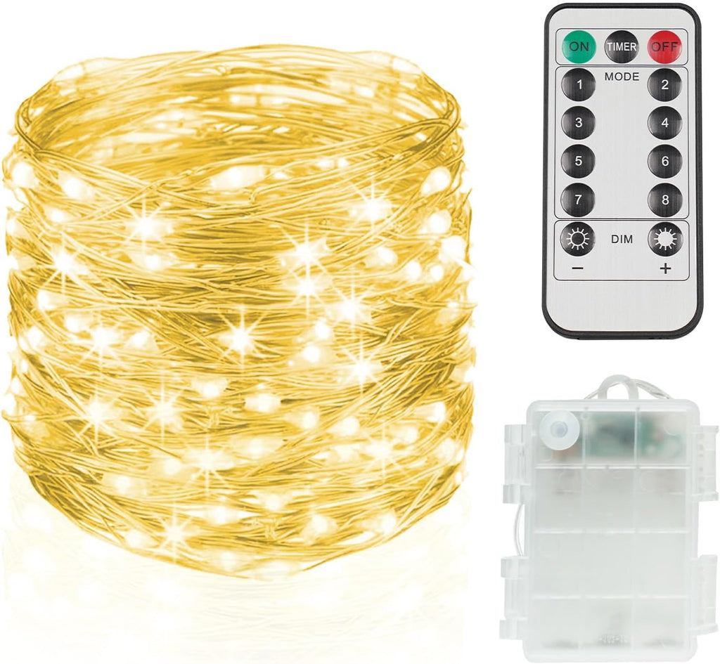 suddus Fairy Lights Battery Operated with Remote, 33ft 100 LED Dimmable Twinkle Lights with Timer, Waterproof Copper Wire String Lights for Bedroom, Christmas, Tree, Indoor Outdoor Decor (Warm White)
