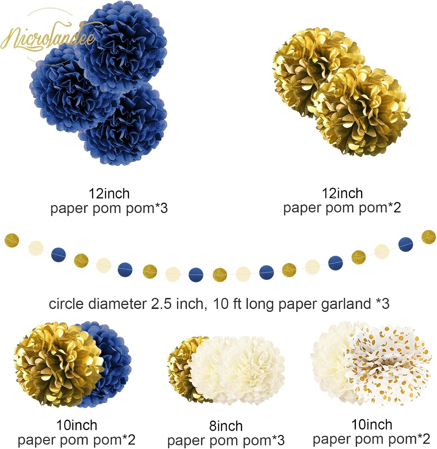 NICROLANDEE 15 PCS Navy Blue Gold Tissue Paper Pom Poms for Men Birthday, Baby Bridal Shower, Wedding, Bachelorette, Graduations, Navy Blue Engagement Party Backdrop Dot Paper Decorations