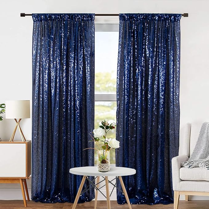 Eternal Beauty Sequin Backdrop Curtains, 2x8 Ft-2 Panels Navy Blue Back Drop for Shimmer Photography Party Wedding Birthday Decor