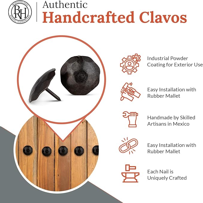 50 Pack 1.5" Round Head Iron Clavos Decorative Nails – Sealed Unfinished – Handmade Rustic Round Fasteners for Farmhouse Shutters, Faux Wood, Barn Doors, Shutters, Gates – Ornamental Wood Accent
