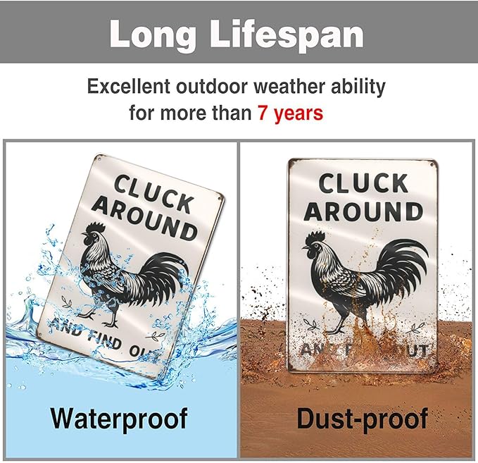 Funny Chicken Tin Sign - “Cluck Around and Find Out” Farmhouse Wall Decor for Kitchen, Coop, Garden - 8x12 inch Rustic Metal Gift