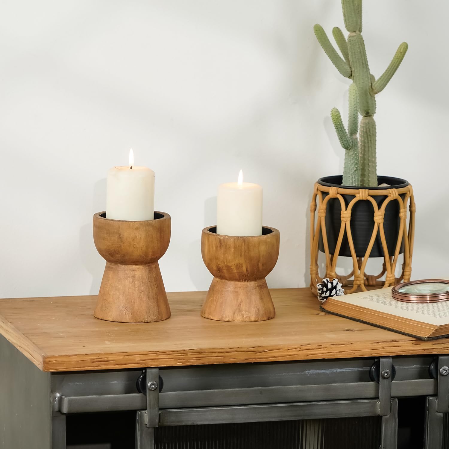 NIKKY HOME Farmhouse Wooden Pillar Candle Holders Set of 2, Mantel Decor | Rustic Brown Solid Wood Candle Pedestal, Decorative Short Base Stand, Adds Natural Charm to Fireplace Table Centerpiece