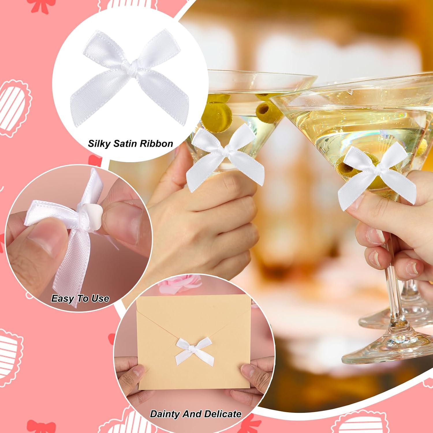 NEBURORA 100 Pcs Mini White Bows Small Satin Fabric Ribbons Bow with Dot Stickers for Gift Wrapping Cake Card DIY Crafts Wedding Party Decorations