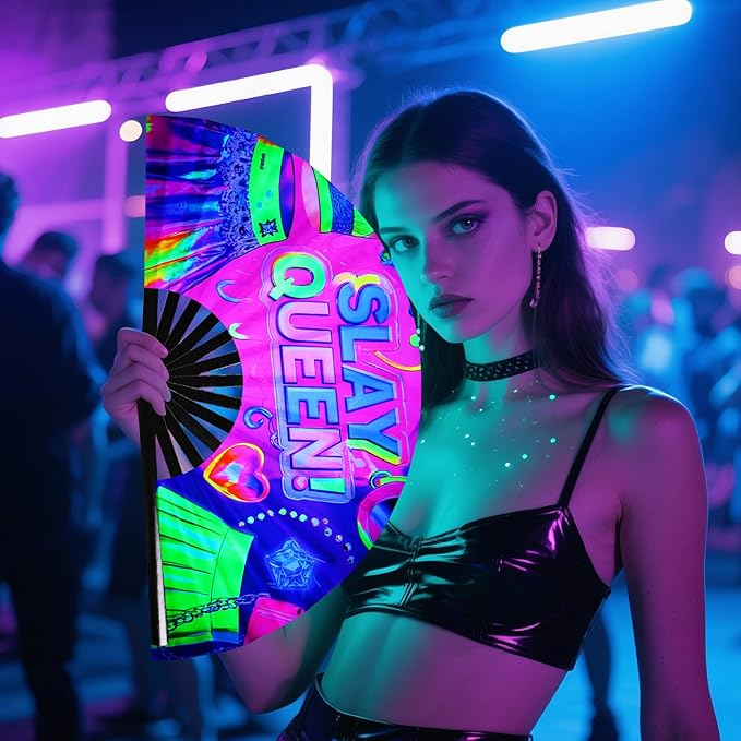 SYNTECSO Folding Hand Fan for Rave, Popping Fan for Line Dancing, Drag Queen, Women and Men Gift，Chinese Japanese UV Glow Clack Fan for Parties, Music Festivals, EDM and Decoration