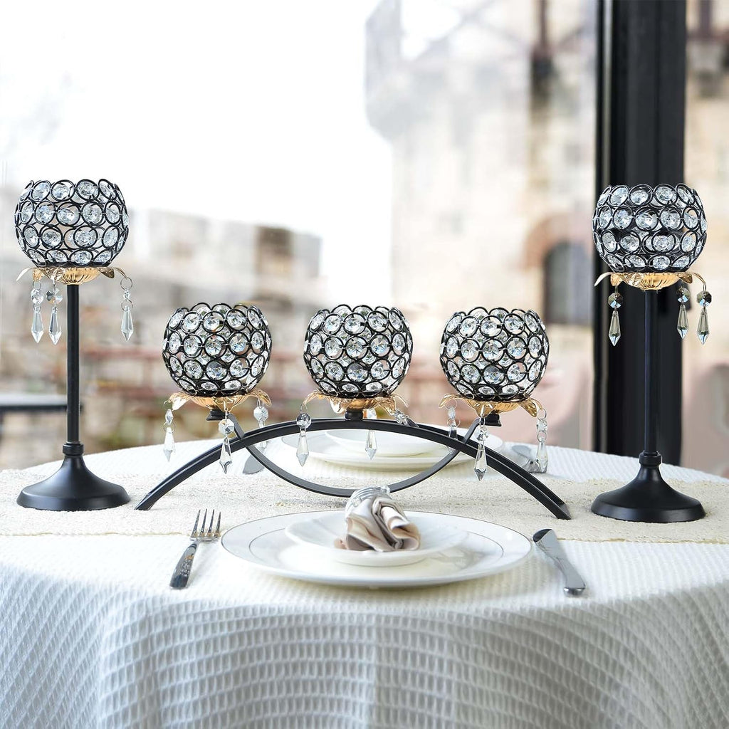 Set of 3 Crystal Tea Light Candlestick Holders Flower Shape with Crystal Pendant Bowl Votive Metal Candle Holder for Table Centerpieces Wedding Home Decor (Black+Gold)
