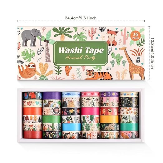 36 Rolls Animal Theme Washi Tape Set, Colorful Cute Adorable Animals Writable Decorative Tapes for Scrapbooking, Bible Journaling, Bullet Journaling, 0.6"x79" per Roll