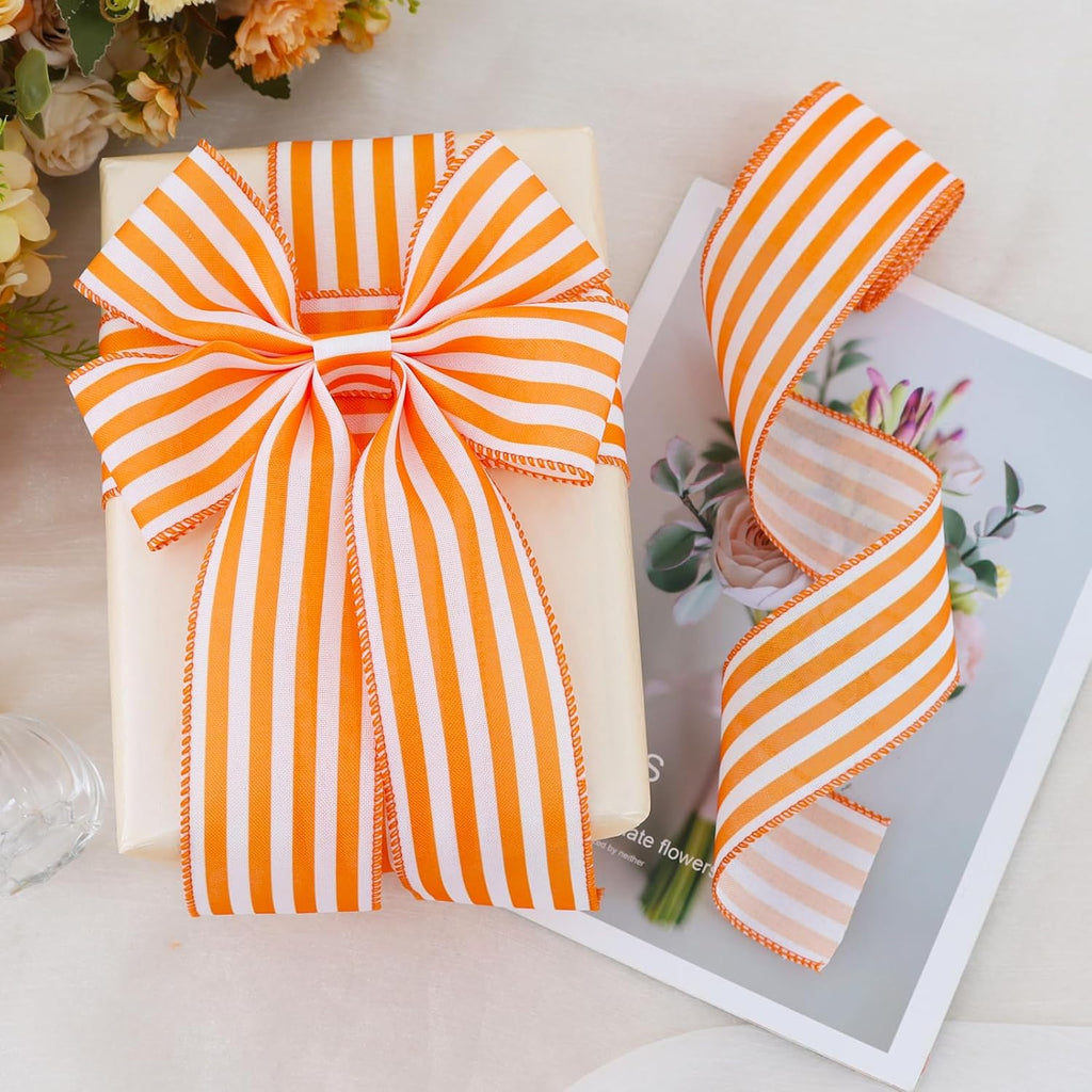 TONIFUL 2.5 Inch Orange Stripe Burlap Wired Ribbon, Summer Spring Easter Ribbon for Gift Wrapping, Wreath Bows Making, Crafts, Baby Shower, Home Decoration, Easter Decor (Orange, 6yds)