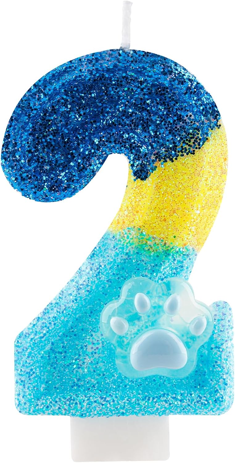 Glitter Dog and Cat 2nd Birthday Candle Blue Numbers 2 Candle Paw Cake Topper Cupcake Decorations for Pet Theme Party Decor Anniversary Celebrations Supplies