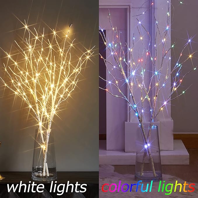 Fudios Lighted White Birch Branches with 100 Multicolor LED Fairy Lights 32in 8 Fuctions, Battery Color Changing Christmas Twig Lights for Vase Indoor Holiday Decoration