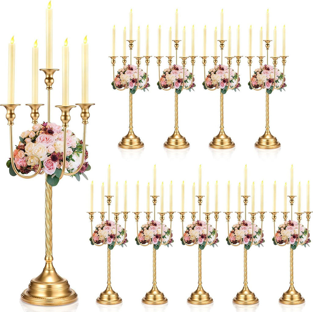 Rtteri 10 Pcs Gold Candelabra Candlestick Holder Metal Candle Stand Candelabra for Taper Candles Table Centerpieces Wedding Christmas Holiday Birthday Party (12.2 x 12.2 x 26.4 Inch,5 Arm)