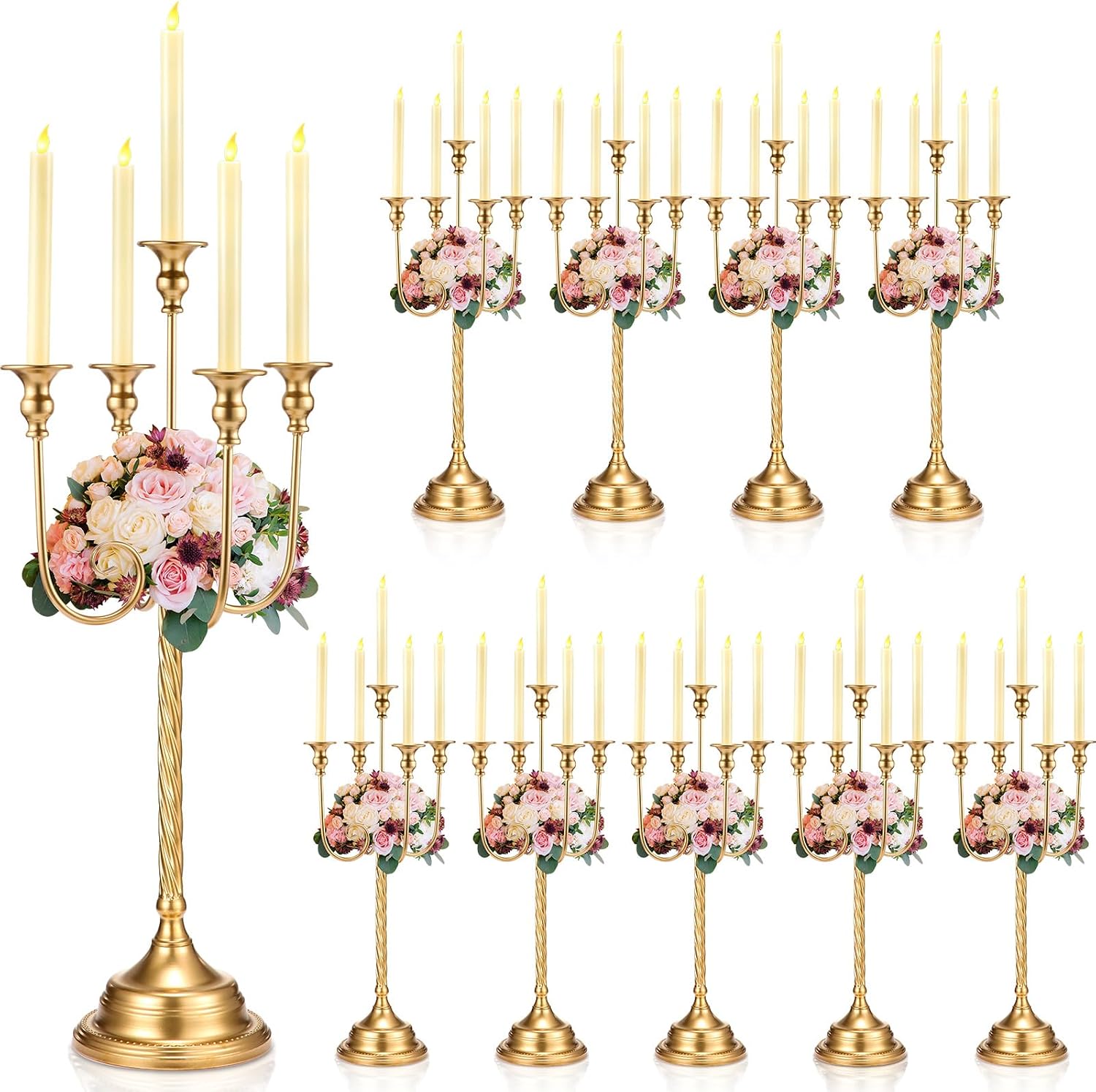 Rtteri 10 Pcs Gold Candelabra Candlestick Holder Metal Candle Stand Candelabra for Taper Candles Table Centerpieces Wedding Christmas Holiday Birthday Party (12.2 x 12.2 x 26.4 Inch,5 Arm)