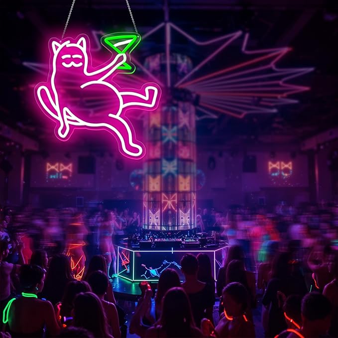 Cat Neon Sign for Wall Decor,Cat Holding Cocktail Neon Lights for Bedroom,Cute Cat Sign for Bar,Light Up Cat Sign,Cat Neon Light Sign for Pubs,Lounge,Cat Led Signs for Wall Decor,Home Bar