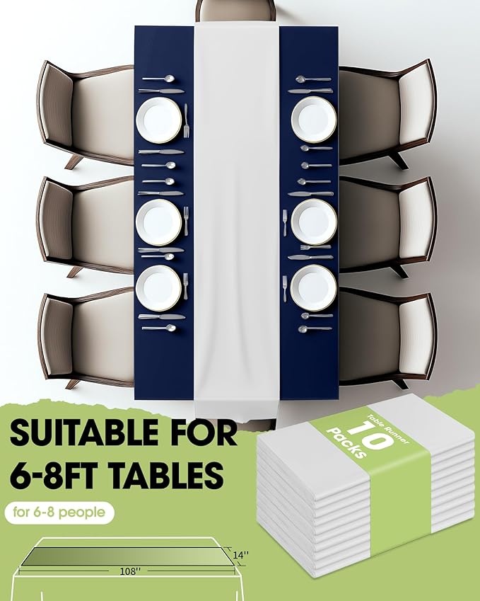Pureegg White Plastic Table Runners - 10 Pack, 14'' x 108'', Water Resistant & Disposable Centerpiece Decorations for Table Cloth, Wedding, Birthday, Holiday, Baby Shower, Party, Home Decor