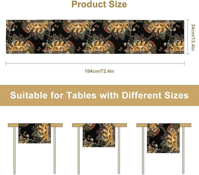 Sun Moon Table Runner, Bohomian Mushroom Daisy Table Gothic Dragonly Butterfly Table Center Decor Table Runner for Indoor Outdoor Party Kitchen Dinner Black, 13x36 Inch
