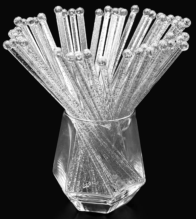 100-PCS Silver Glitter Plastic Swizzle Sticks, Crystal Cake Pops, Cocktail Coffee Drink Stirrers, Stir Sticks, 7.24 Inch